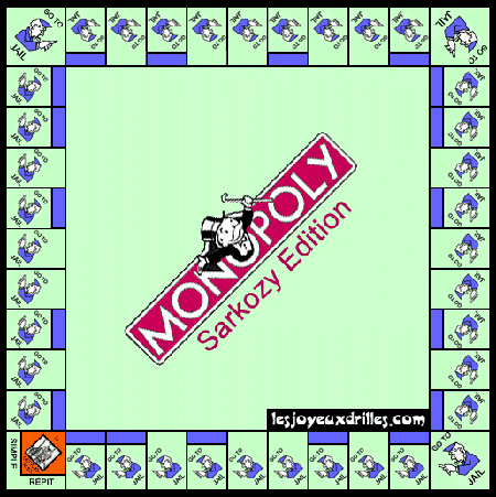 Monopoly game, special Sarkozy edition, cartoon on Sarkozy's draconic policies of repression